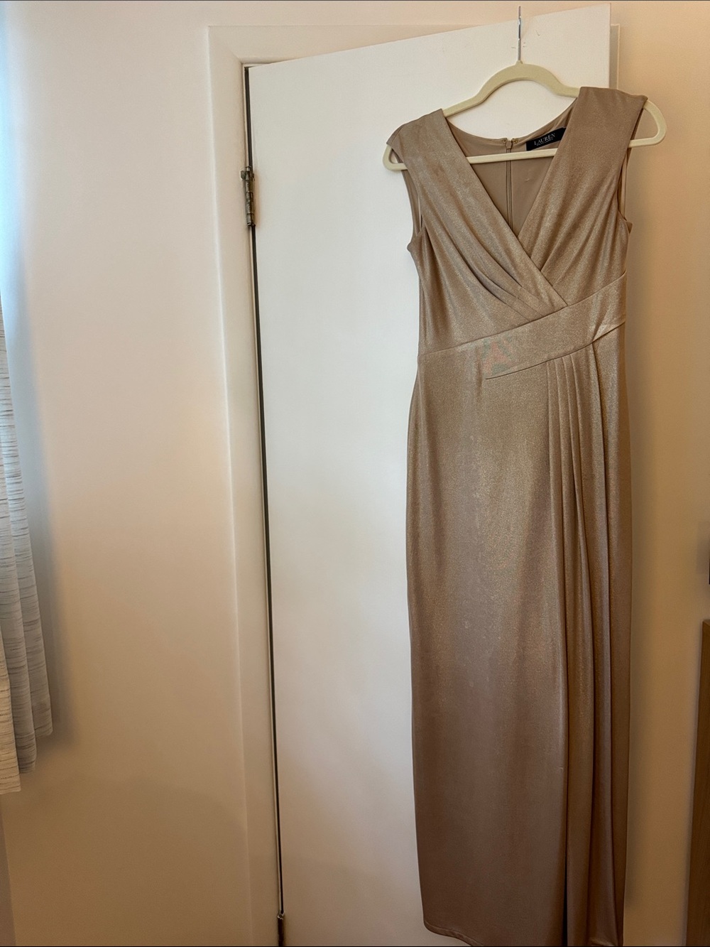 Lauren Ralph Lauren Shimmery Taupe Wrap-Front Maxi Dress